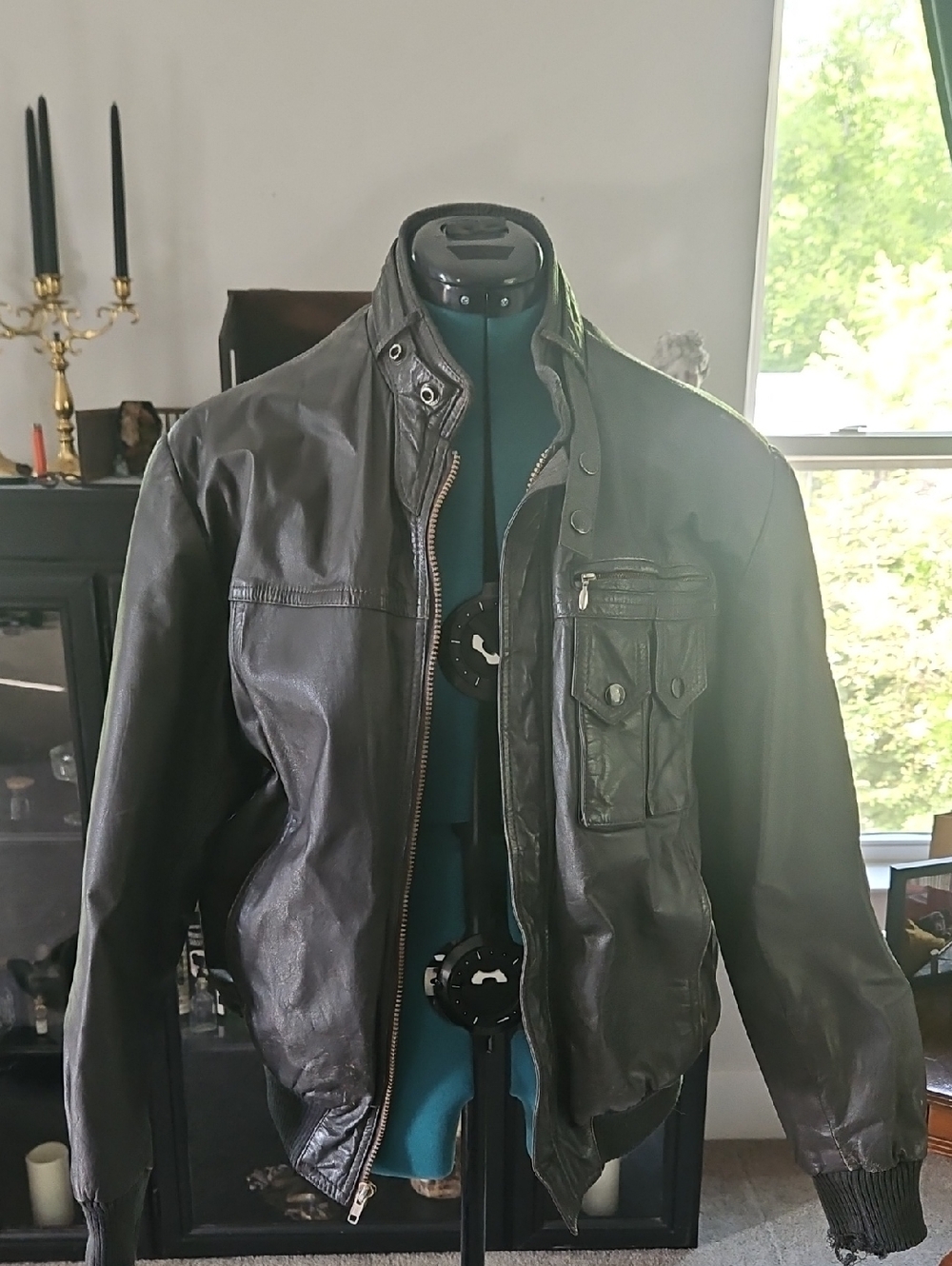 Men's Grey Leather Bomber Jacket